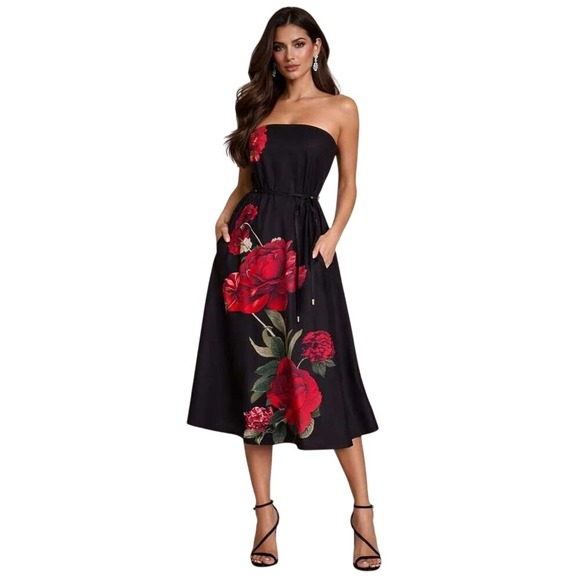 Nicole Miller Dresses & Skirts - Nicole Miller Dress Womens L Black Floral Strapless Midi Red Rose Goth Romantic